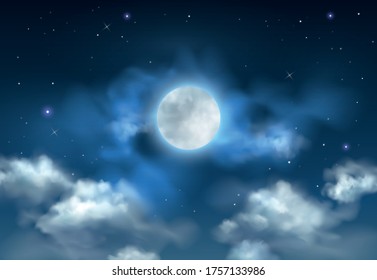 Vector beautiful blue night sky with glowing full moon, stars and clouds