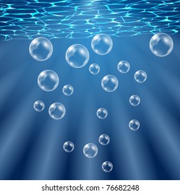Vector beautiful blue ocean from underwater with bubbles and light rays