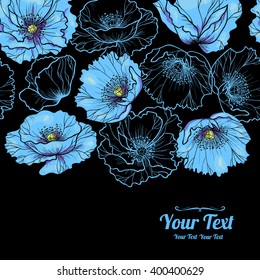 Vector  beautiful blue poppies flowers horizontal frame  pattern background . Invitation or greeting card design.Vector illustration