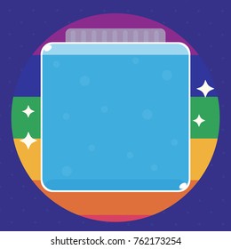A vector of beautiful blue water bottle on a rainbow circle isolated on dark blue Background  and orange floor with empty red frame, flat style for game