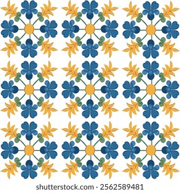 Vetor bonito azul e amarelo padrão floral minimalista. Ornamento simples. Floral estilizado em estilo retrô.
