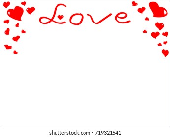 Vector - Beautiful border. Red word "Love" hand writing with mini hearts on white background. Minimal style. Easy to use. Copy space.