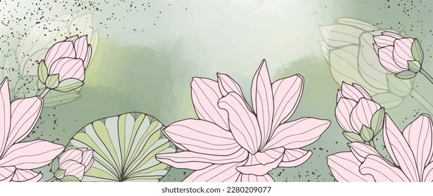 Vector beautiful botanical illustration with pink lotuses on a green background for wallpapers, decor, covers, presentations, postcards, background for text