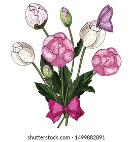 Vector beautiful bouquet of delicate pink and white peonies. Festive bouquet with a pink bow and butterfly. Isolated object on a white background. Realistic botanical doodling.