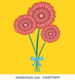 Vector Beautiful bouquet of flowers of three red gerberas tied with a blue ribbon on a yellow background.