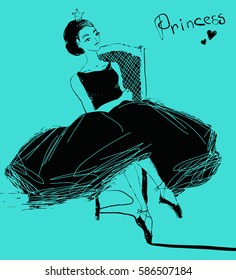 Vector beautiful bride princess with a crown. Gracile ballerina sitting in a chair.