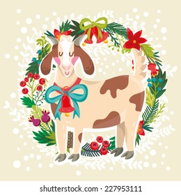 Vector beautiful and bright Christmas Illustration of wreath and nanny goat. 