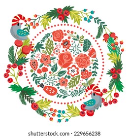 Vector beautiful and bright Christmas Illustration of wreath. 