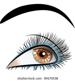 vector beautiful brown eye with long, thick black eyelashes and black eyebrows