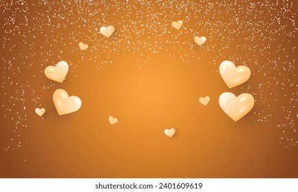 Vector hermoso fondo de amor marrón con corazones y brillo plateado.