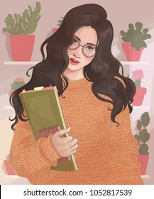 vector beautiful brunette girl with a bright sweater and glasses holds a book in her hands, behind her flowers and cactus