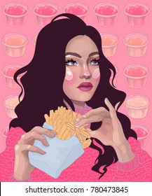 vector beautiful brunette girl eating a french fries and can not choose a sauce to it
