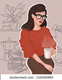 vector beautiful brunette girl in glasses with a mug in her hands, brewed coffee at work, in the office