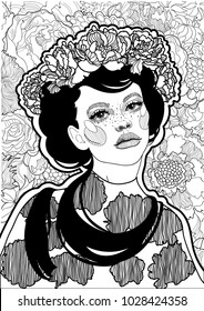 vector beautiful brunette girl with a wreath of flowering peony flowers on her head, black and white graphics ornaments and patterns