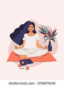 Vector beautiful brunette woman doing yoga in lotus position on the mat next to plants, book and tangerines at home