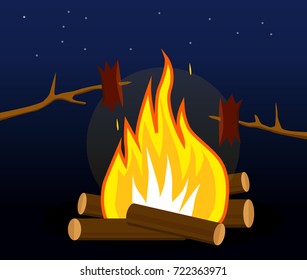 A vector beautiful camping illustration - fireplace and toasting wurst or sausages in beautiful night.