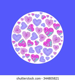 Vector beautiful card with colorful hearts on white circle on blue background. St.Valentine's Day background. Heart pattern. Very bright hearts.
