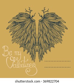 Vector beautiful card with heart shaped wings. Valentine's day illustration. Vintage tattoo style. 