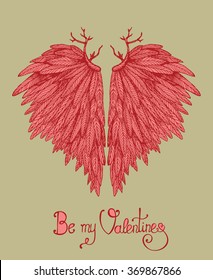 Vector beautiful card with heart shaped wings. Valentine's day illustration. Vintage tattoo style. 