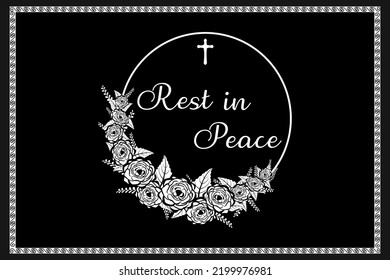 Vector - Beautiful card of wreath with rose leaves and cross on black background. White wording Rest in Peace (RIP). End of life, Memorial.