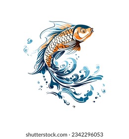 Vector beautiful cartoon fish with drops of water isolated on whote background