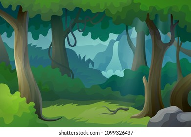 Vector hermoso paisaje de caricatura selva con fondo de naturaleza silvestre cascada