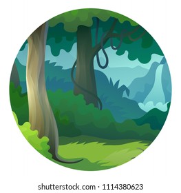 Vector beautiful cartoon forest landscape jungle with waterfall wild nature background round illustration