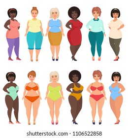 Vector beautiful cartoon happy and smiling plus size woman in casual, bikini, fashionable and evening dress. Curvy, overweight females set.