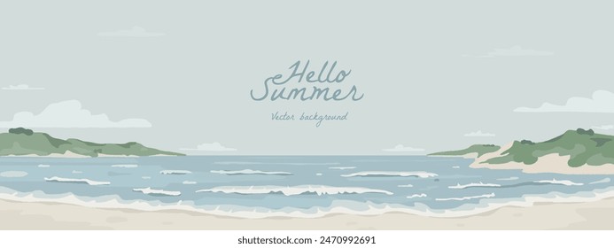 Vector beautiful cartoon illustration of colorful sandy summer beach. Summer horizontal promotional travel wallpaper, flyer or web banner design template