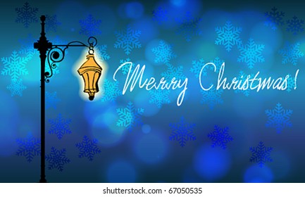 Vector beautiful Christmas background with streetlamp and bokeh lights