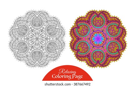 Vector Beautiful Colored Deco Mandala, Patterned Design Element, Ethnic Amulet. Coloring book for adult and older children. Coloring page with colored sample. Vector illustration.
