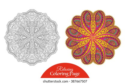 Vector Beautiful Colored Deco Mandala, Patterned Design Element, Ethnic Amulet. Coloring book for adult and older children. Coloring page with colored sample. Vector illustration.