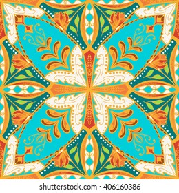Vector beautiful colored pattern for design and fashion with decorative elements. Floral ethnic bandana. Portuguese tiles, Azulejo, Talavera, Moroccan ornaments in blue and orange colors