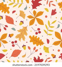 Vector beautiful colorful autumn natural seamless pattern with autumn leaves, acorns, berries. Seasonal autumn background