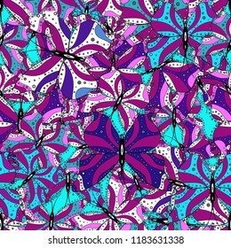 Vector. Beautiful colorful butterflies chaotically fly on purple, blue and white colors. Seamless background from bright butterflies. Seamless multicolored background with flying moths.