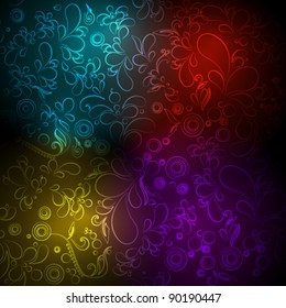 Vector beautiful, colorful floral background illustration made of neon light