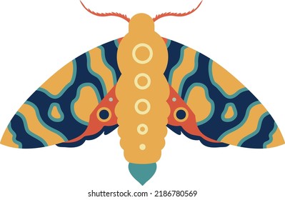 Vector beautiful colorful Scandinavian moth vibrant butterfly multicolored insect night butterfly winged animal blue and red flying insect Swedish folklore bohemian cottage core illustration