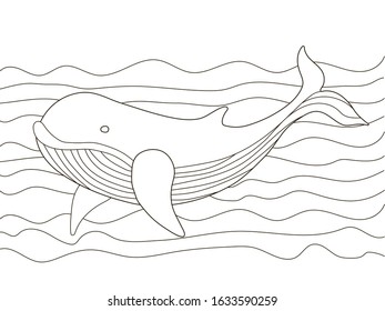 Vector beautiful coloring book for adults and children with a whale among the waves. A series of coloring books with marine animals. MinimalisAm and simple lines, silhouette of fish. Creative biology 