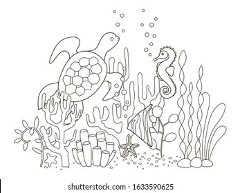 Vector beautiful coloring book for adults and children with a turtle, seahorse and fish among algae, starfish and corals. A series of coloring books with marine animals. Creative biology education.