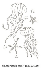 Vector beautiful coloring book for adults and children with elegant jellyfish and starfish in the sea. A series of coloring books with marine animals.Creative biology education.