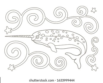 Vector beautiful coloring book for adults and children with a narwhal. A series of coloring books with marine animals. Sea dweller and waves in the form of patterns.Creative biology education.