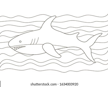 Vector beautiful coloring book for adults and children with a good shark among the waves. A series of coloring books with marine animals. Minimalism and simple lines, silhouette of fish