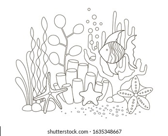 Vector beautiful coloring book for adults and children with fish and marine among algae, starfish and coral. A series of coloring books with marine animals.Pattern for coloring book. 