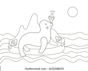 Vector beautiful coloring book for adults and children with a fur seal and fish on the island among the waves. A series of coloring books with marine animals. Minimalism and simple lines.