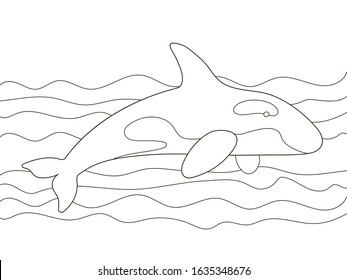 Vector beautiful coloring book for adults and children with a killer whale among the waves. A series of coloring books with marine animals. Minimalism and simple lines, silhouette of fish.Creative bio