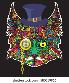 Vector beautiful coloring face of cat with hat, gold monocle and white mustache. Illustration isolated on black background.