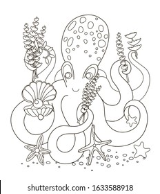 Vector beautiful coloring page for adults and children with a cute octopus that holds a shell with pearls and seaweed. Holiday and gift concept. A series of coloring books with marine animals.