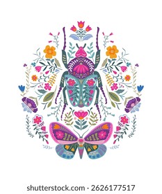 Vector beautiful composition with ornate insects, beetles, butterflies. Folk art floral poster