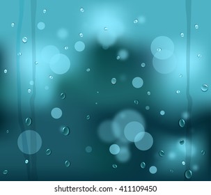 Vector hermoso concepto de ventana lluviosa con gotas de agua y gotitas en fondo azul borroso con bokeh. Lluvia gotas de vidrio. Concepto vectorial del día lluvioso. Muchas gotas de lluvia en la ventana diferentes formas.