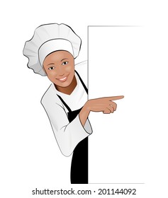 Vector Beautiful Cook Girl Pointing on Blank Banner, Eps10 Vector, Gradient Mesh and Transparency Used